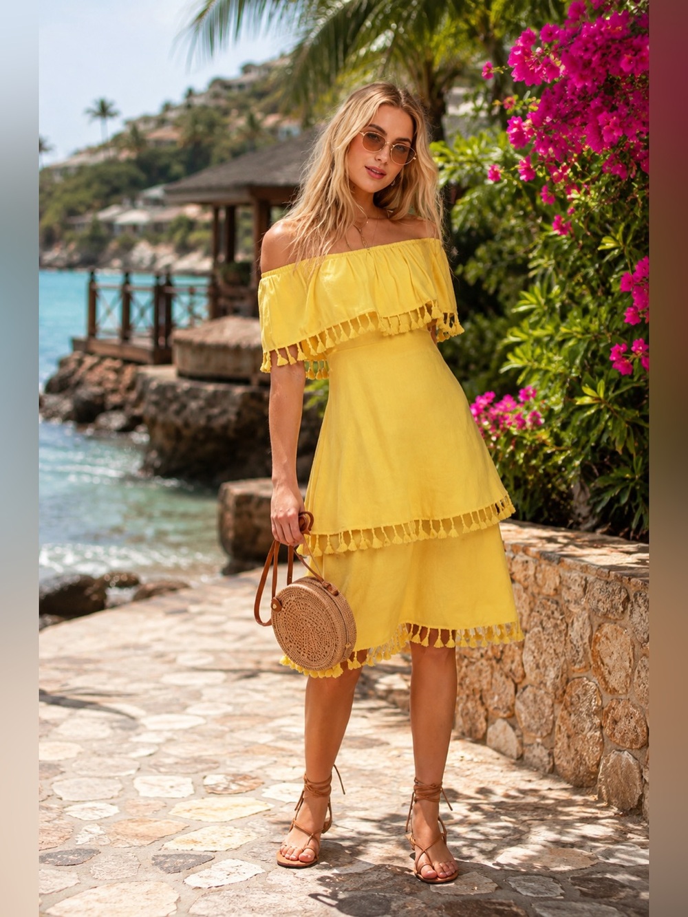 NWT Lulu's Pensacola Yellow Off-the-Shoulder Tassled Midi Dress size small video